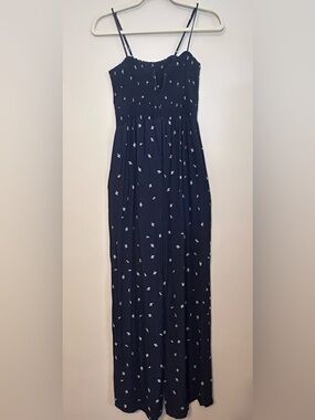 Knot Sisters Womens Navy Blue Floral Smocked Jumpsuit Size XS Summer Boho Whimsy